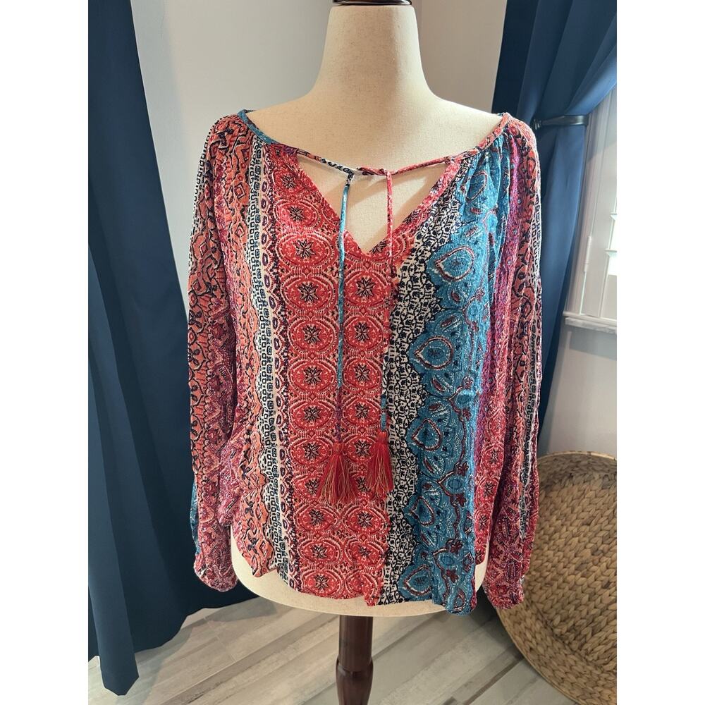 LOVESTITCH Blouse Top Womens Multi Color Tassel Tie Front Boho Geometric Hippy